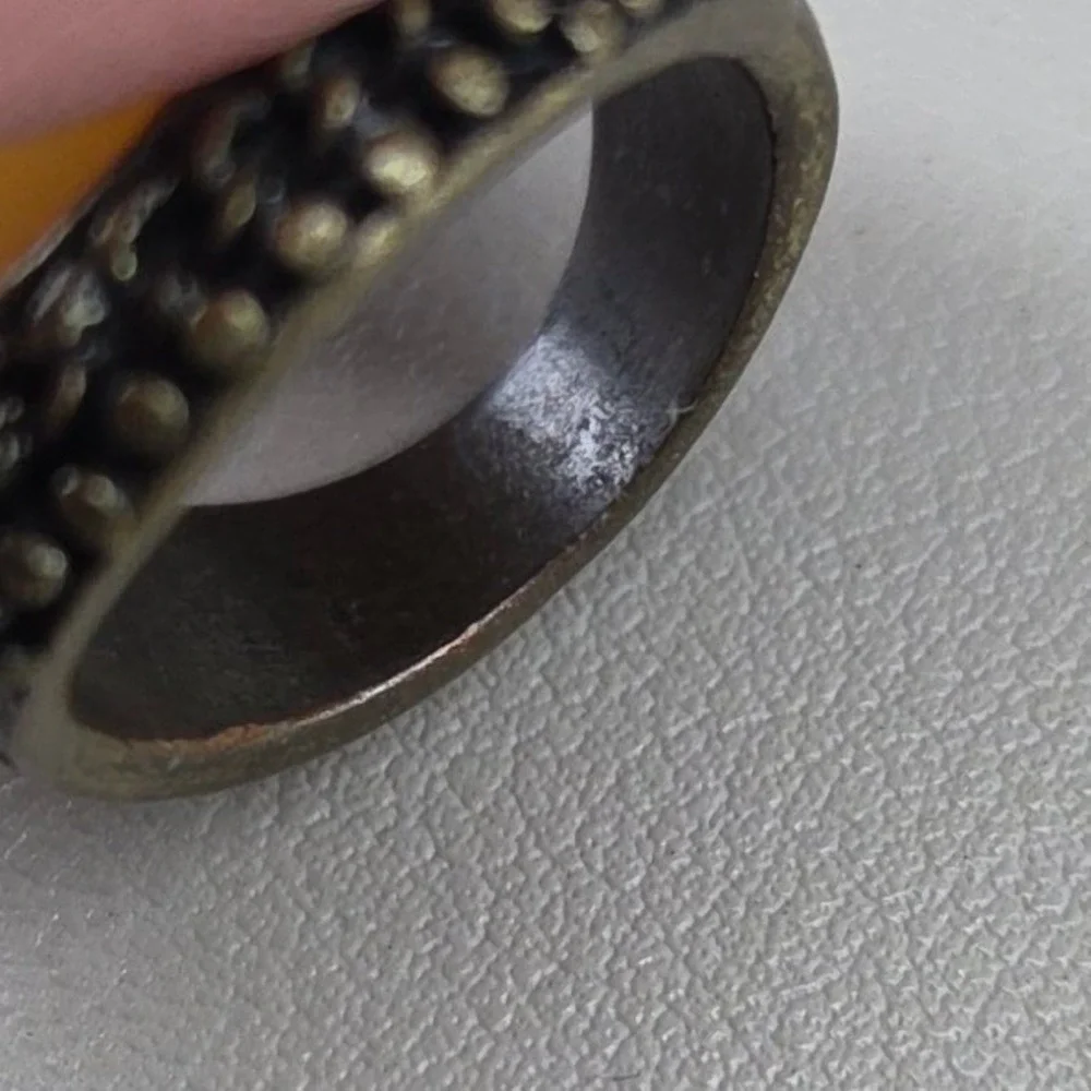 Vintage Bronze Tone Faux Amber Faceted Resin Oval Statement Cocktail Ring Size 7